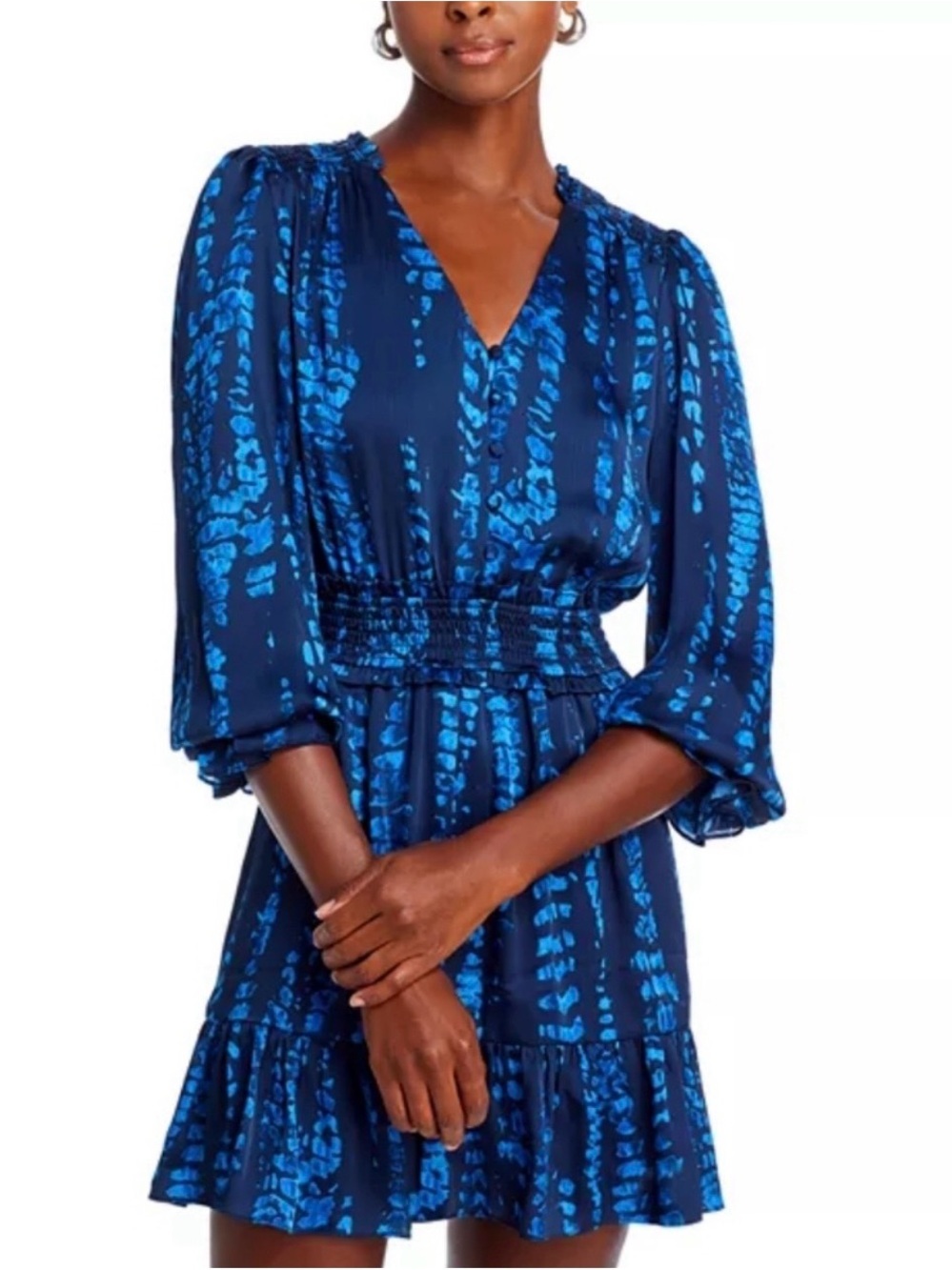 Aqua  Blue Printed Mini Dress, Long Sleeve, Smocked Waist, V-Neck, Buttons, S